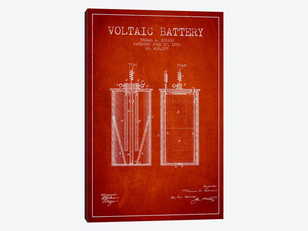 Voltaic Battery Red Patent Blueprint by Aged Pixel 1-piece Canvas Art