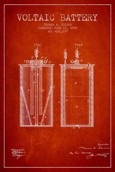 Electronics & Communication Blueprints: Voltaic Battery Red Patent Blueprint by Aged Pixel