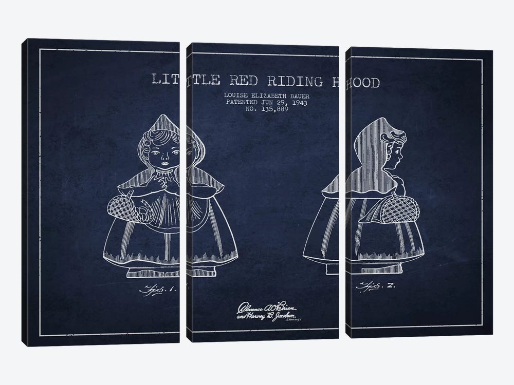Little Red Riding Hood Navy Blue Patent Blueprint by Aged Pixel 3-piece Canvas Wall Art