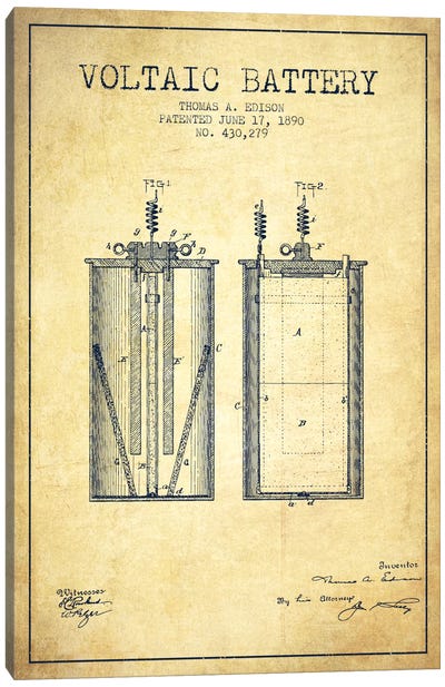 Voltaic Battery Vintage Patent Blueprint Canvas Art Print - Electronics & Communication Blueprints