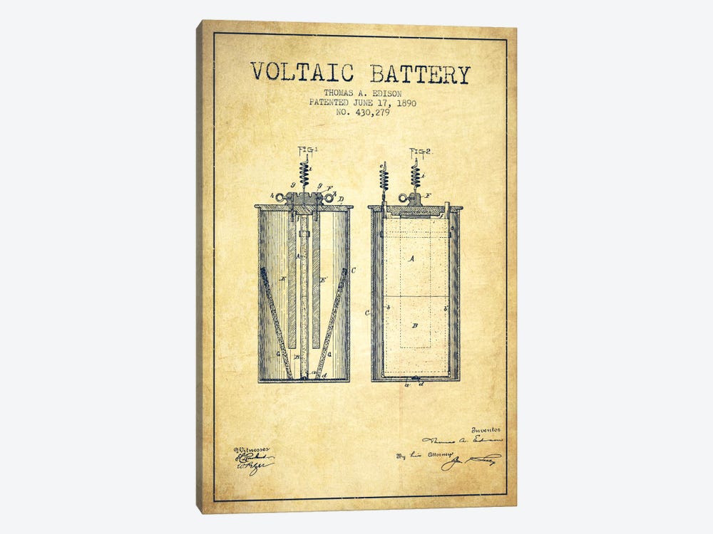 Voltaic Battery Vintage Patent Blueprint by Aged Pixel 1-piece Canvas Artwork