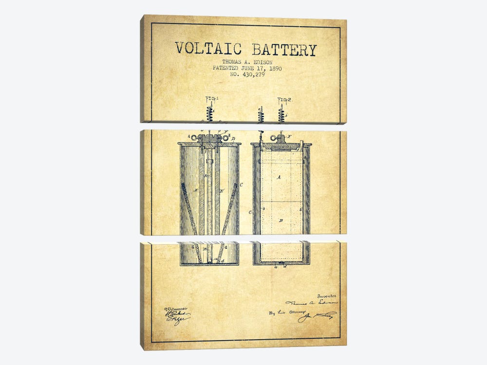 Voltaic Battery Vintage Patent Blueprint by Aged Pixel 3-piece Canvas Artwork