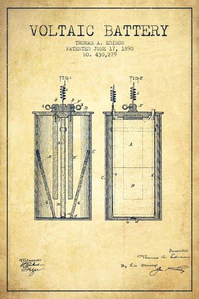 Electronics & Communication Blueprints: Voltaic Battery Vintage Patent Blueprint by Aged Pixel