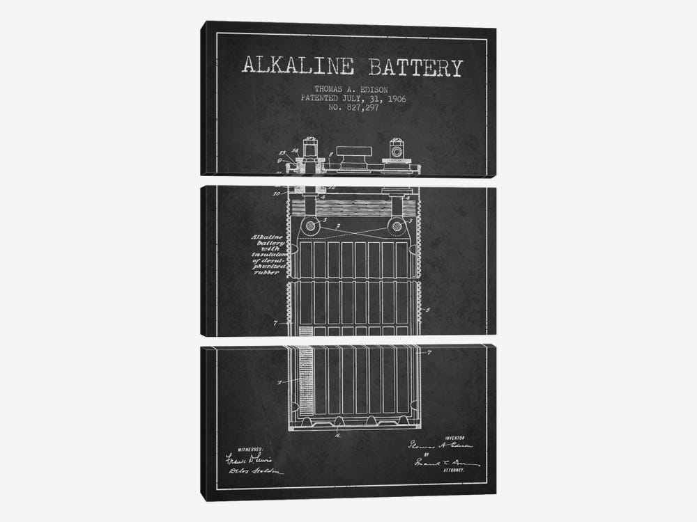 Alkaline Battery Charcoal Patent Blueprint by Aged Pixel 3-piece Canvas Print