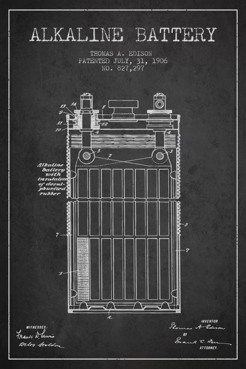 Alkaline Battery Charcoal Patent Blueprint by Aged Pixel wall art