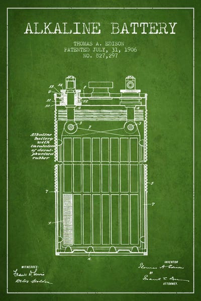 Alkaline Battery Green Patent Blueprint by Aged Pixel metal wall art