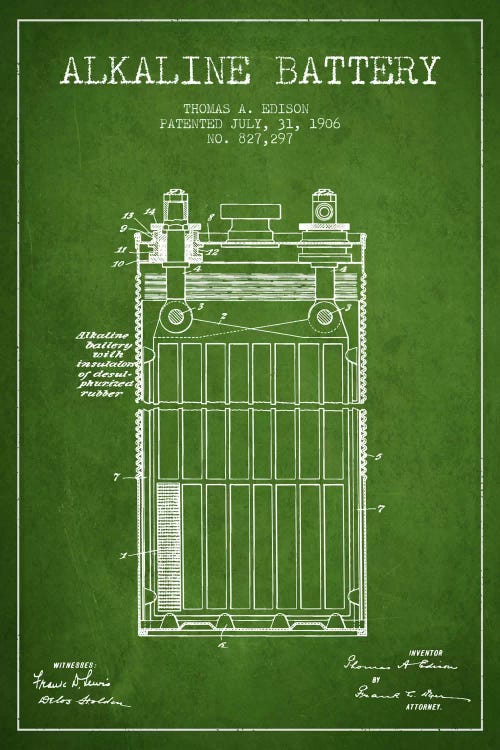 Alkaline Battery Green Patent Blueprint by Aged Pixel wall art