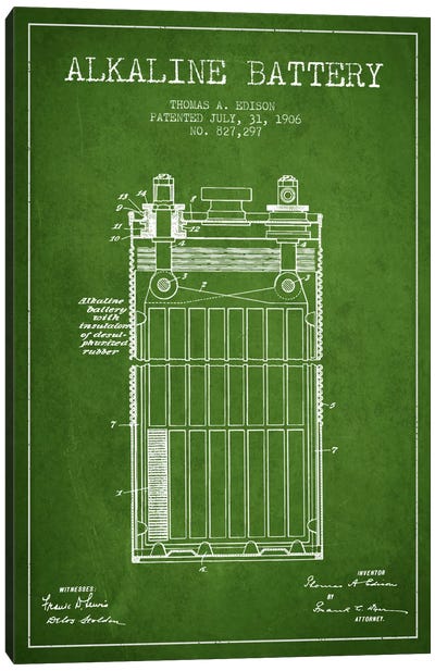 Alkaline Battery Green Patent Blueprint Canvas Art Print - Electronics & Communication Blueprints