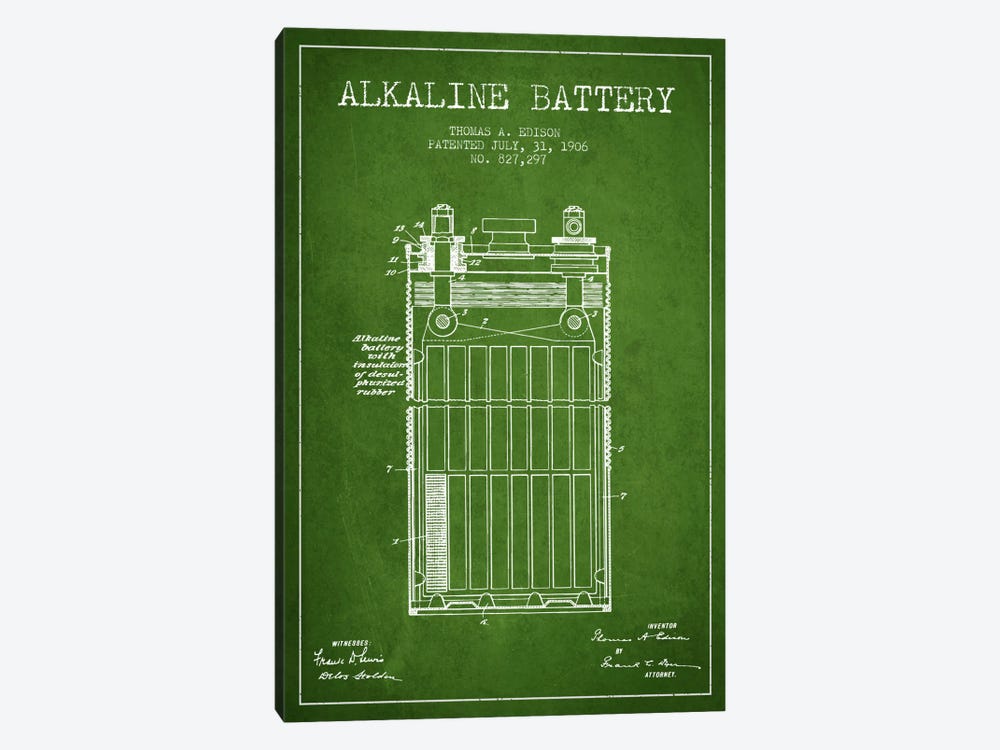 Alkaline Battery Green Patent Blueprint by Aged Pixel 1-piece Canvas Artwork