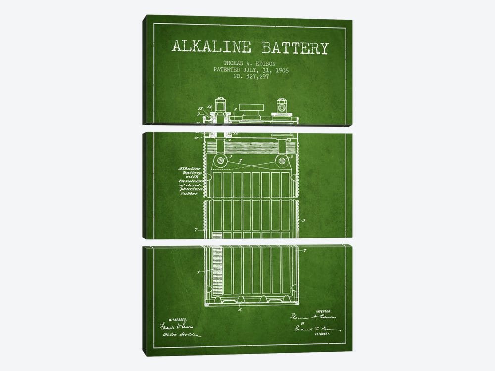 Alkaline Battery Green Patent Blueprint by Aged Pixel 3-piece Canvas Wall Art
