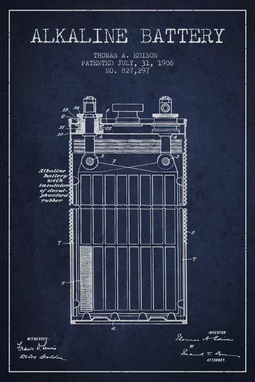 Alkaline Battery Navy Blue Patent Blueprint by Aged Pixel wall art