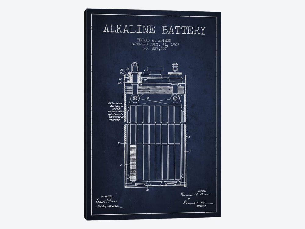 Alkaline Battery Navy Blue Patent Blueprint by Aged Pixel 1-piece Canvas Print