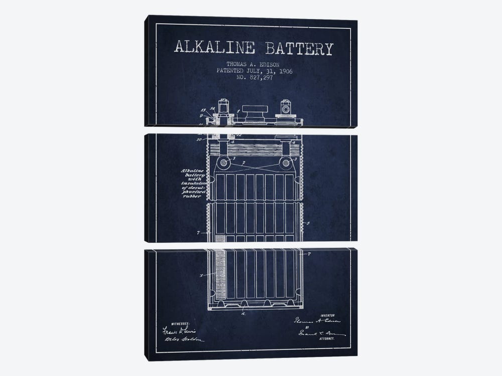 Alkaline Battery Navy Blue Patent Blueprint by Aged Pixel 3-piece Canvas Art Print