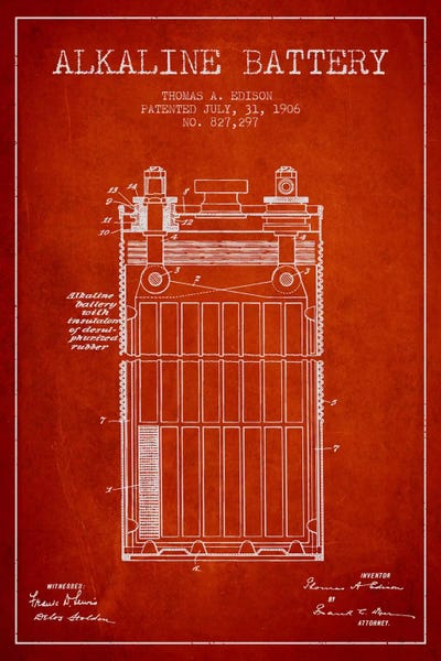 Alkaline Battery Red Patent Blueprint by Aged Pixel metal wall art