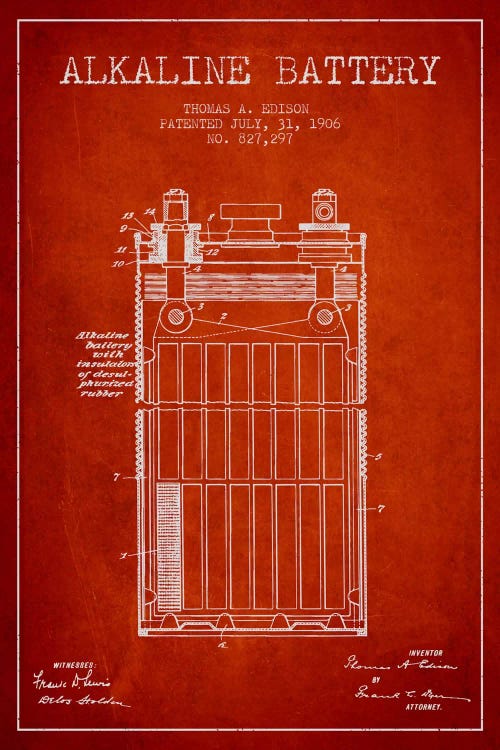Alkaline Battery Red Patent Blueprint by Aged Pixel wall art