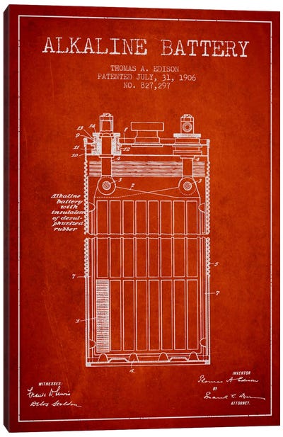 Alkaline Battery Red Patent Blueprint Canvas Art Print - Electronics & Communication Blueprints