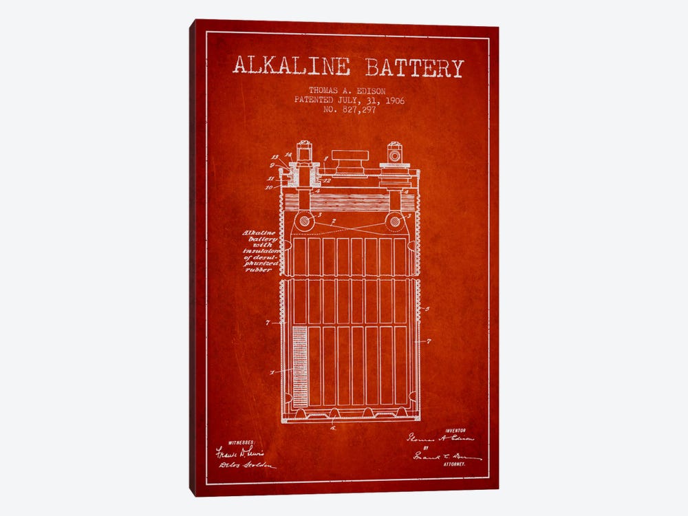 Alkaline Battery Red Patent Blueprint by Aged Pixel 1-piece Canvas Wall Art