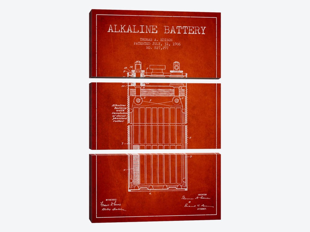 Alkaline Battery Red Patent Blueprint by Aged Pixel 3-piece Canvas Art