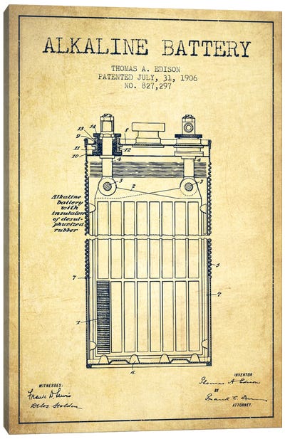Alkaline Battery Vintage Patent Blueprint Canvas Art Print - Electronics & Communication Blueprints