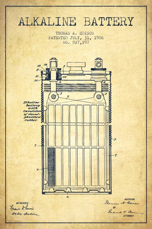 Alkaline Battery Vintage Patent Blueprint by Aged Pixel wall art