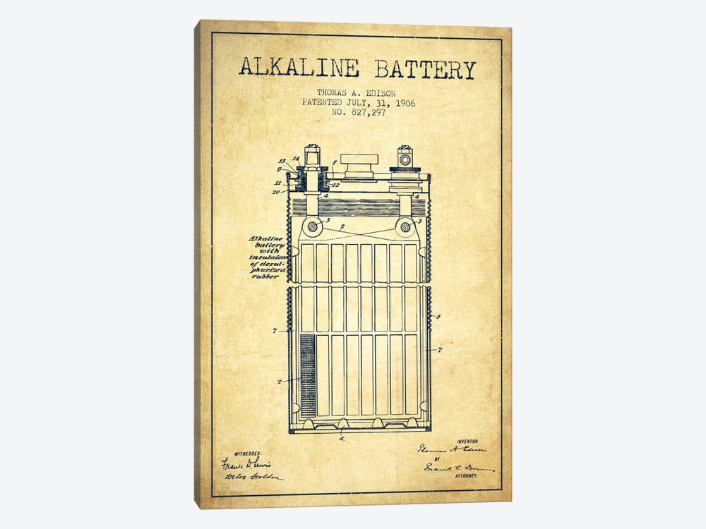 Alkaline Battery Vintage Patent Blueprint by Aged Pixel 1-piece Canvas Art Print