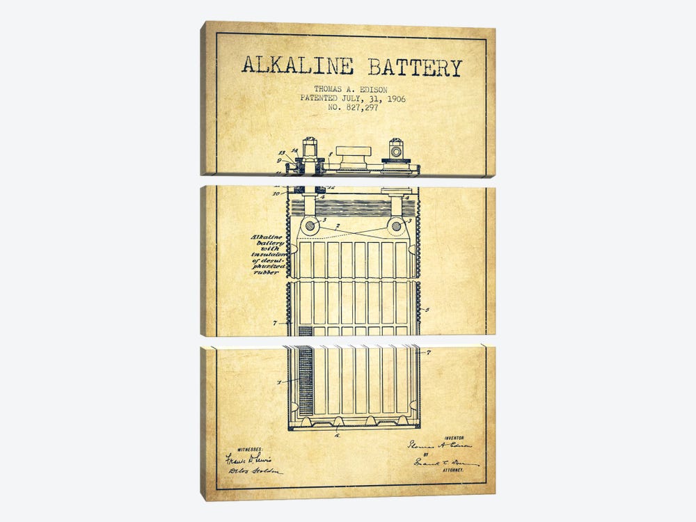 Alkaline Battery Vintage Patent Blueprint by Aged Pixel 3-piece Canvas Art Print