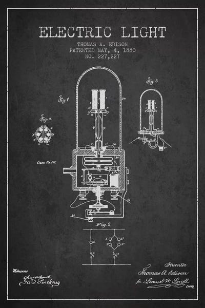 Blueprints & Patent Sketches: Electric Light Charcoal Patent Blueprint by Aged Pixel