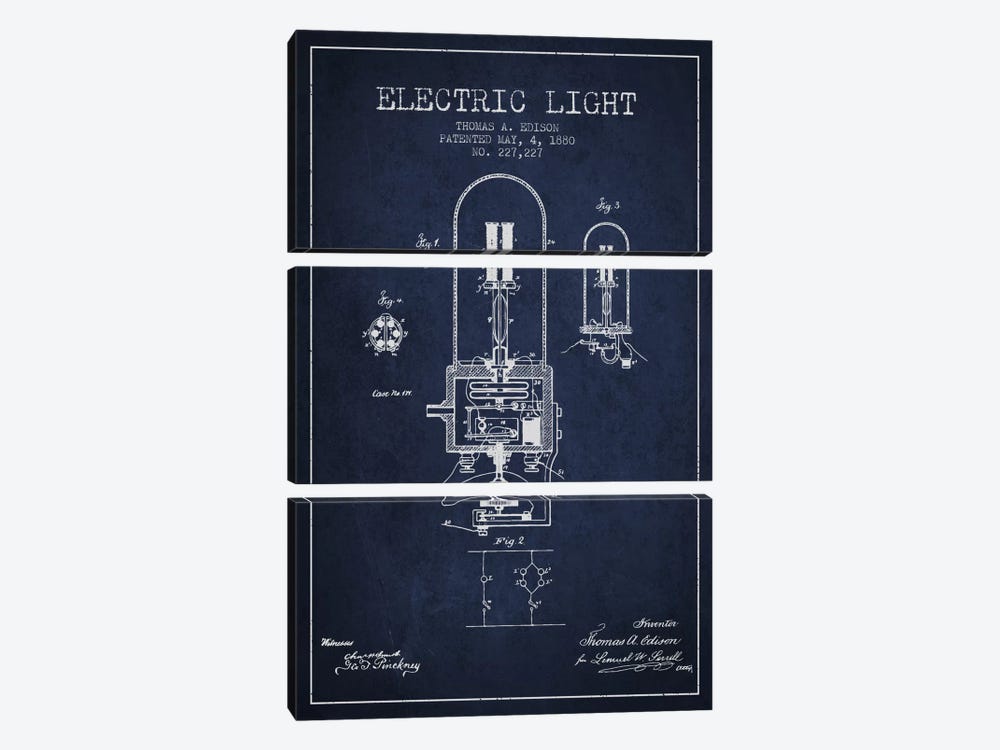 Electric Light Navy Blue Patent Blueprint by Aged Pixel 3-piece Canvas Art