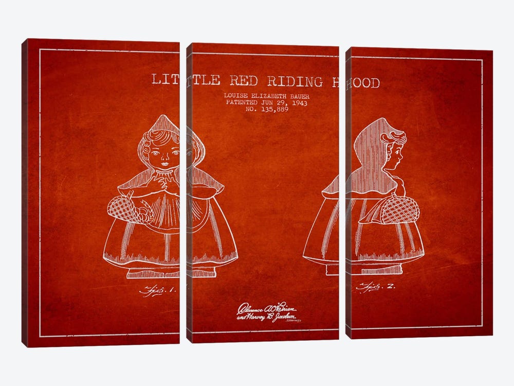 Little Red Riding Hood Red Patent Blueprint by Aged Pixel 3-piece Canvas Print