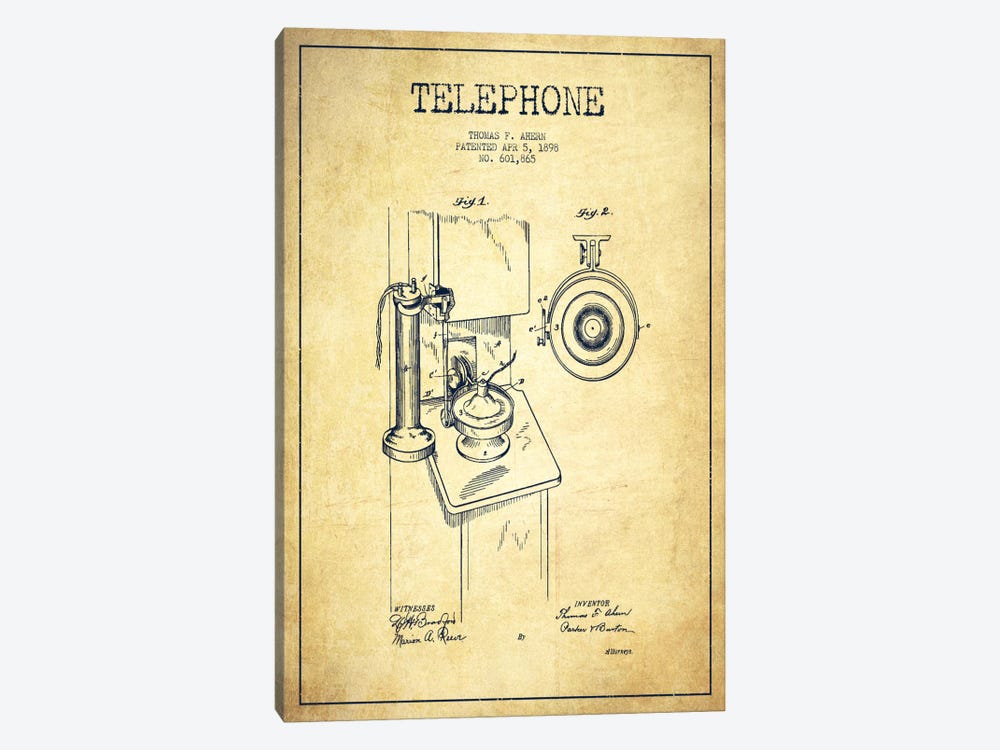 Ahern Telephone Vintage Patent Blueprint by Aged Pixel 1-piece Canvas Print