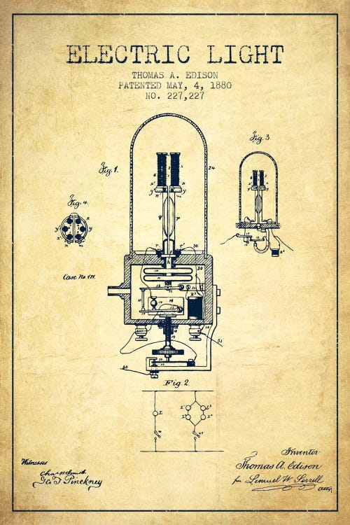 Electric Light Vintage Patent Blueprint by Aged Pixel wall art