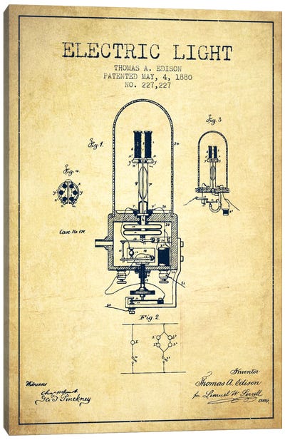 Electric Light Vintage Patent Blueprint Canvas Art Print - Electronics & Communication Blueprints