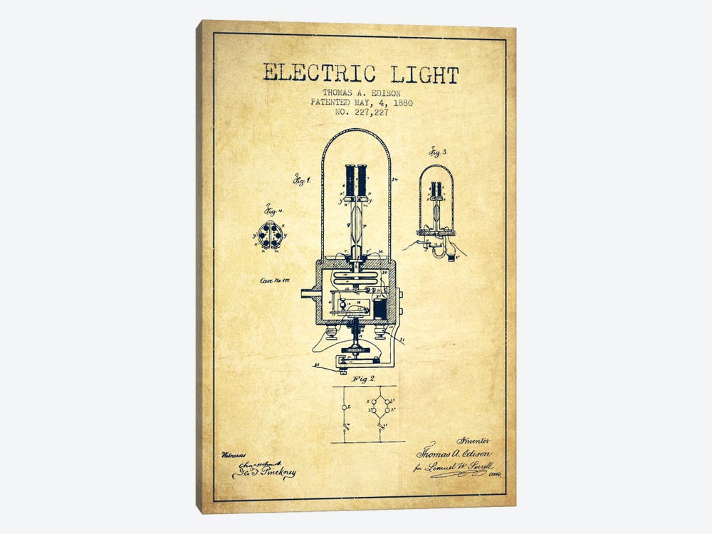 Electric Light Vintage Patent Blueprint by Aged Pixel 1-piece Canvas Art Print