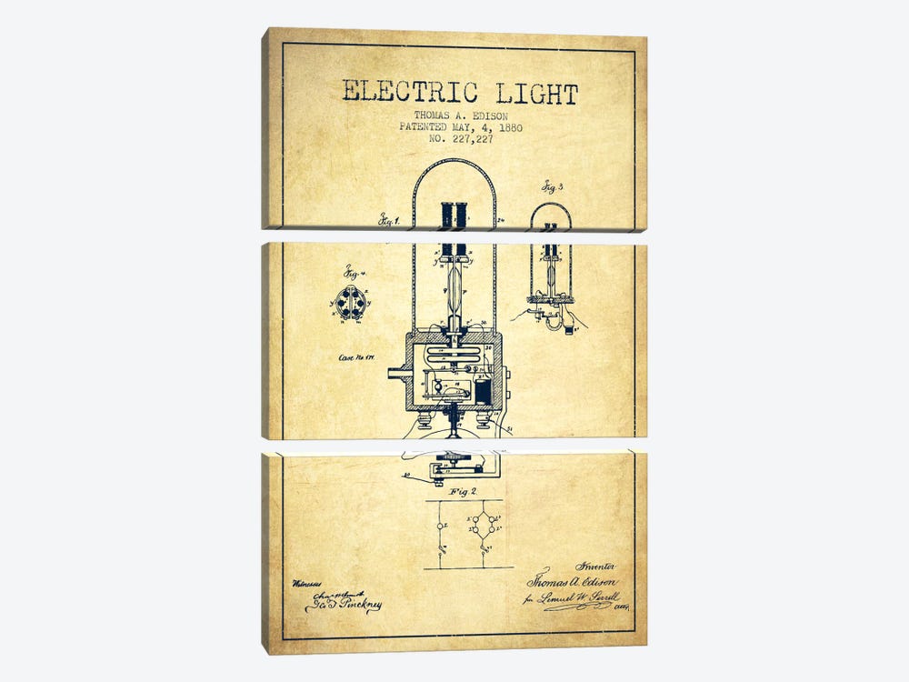 Electric Light Vintage Patent Blueprint by Aged Pixel 3-piece Canvas Print