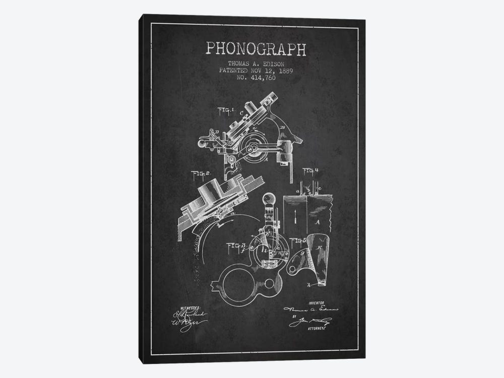 Phonograph Charcoal Patent Blueprint by Aged Pixel 1-piece Canvas Artwork