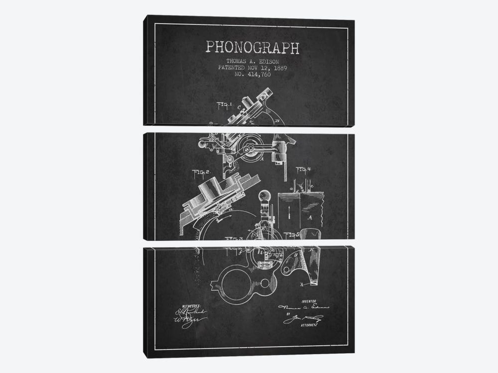 Phonograph Charcoal Patent Blueprint by Aged Pixel 3-piece Canvas Wall Art