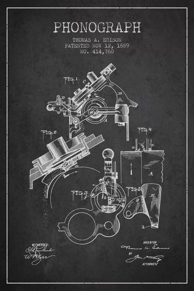 Large Black & White Art - Canvas Prints: Phonograph Charcoal Patent Blueprint by Aged Pixel