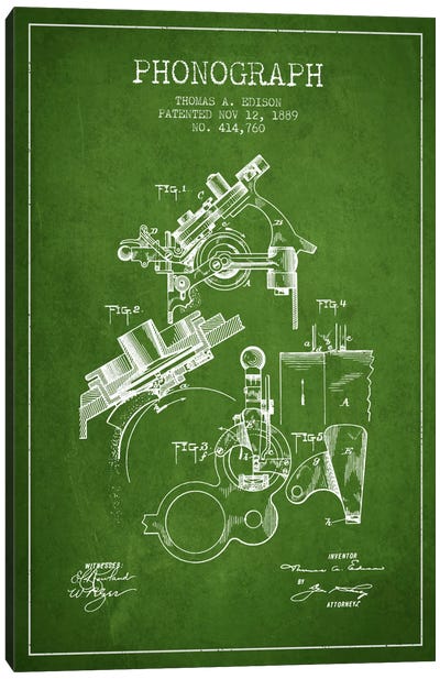 Phonograph Green Patent Blueprint Canvas Art Print - Aged Pixel: Music