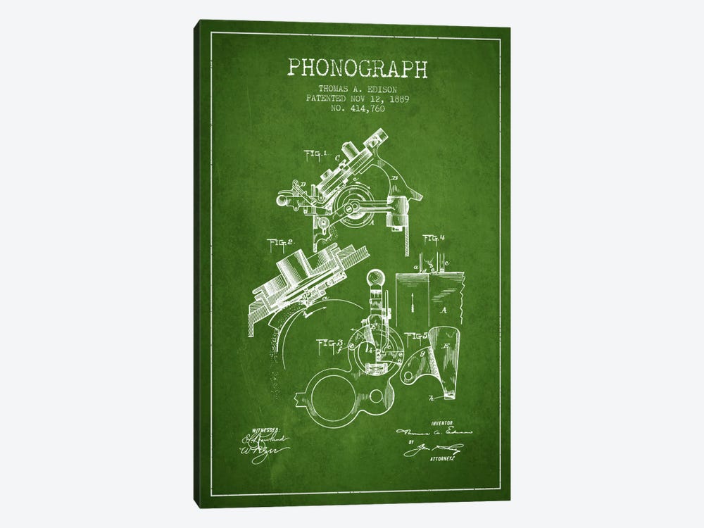 Phonograph Green Patent Blueprint by Aged Pixel 1-piece Canvas Art Print