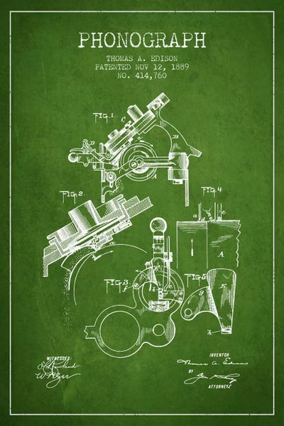 Music Blueprints: Phonograph Green Patent Blueprint by Aged Pixel