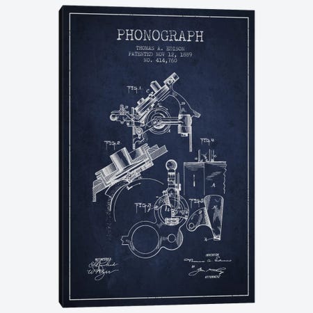 Phonograph Navy Blue Patent Blueprint Canvas Print #ADP603} by Aged Pixel Canvas Art Print