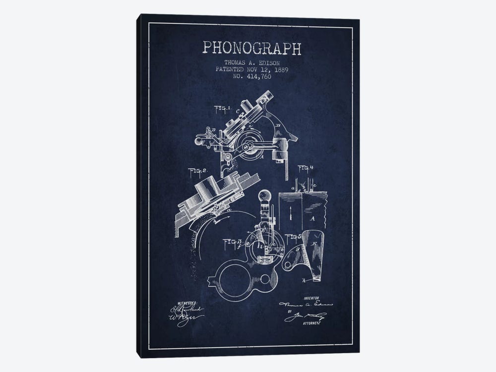 Phonograph Navy Blue Patent Blueprint by Aged Pixel 1-piece Canvas Art