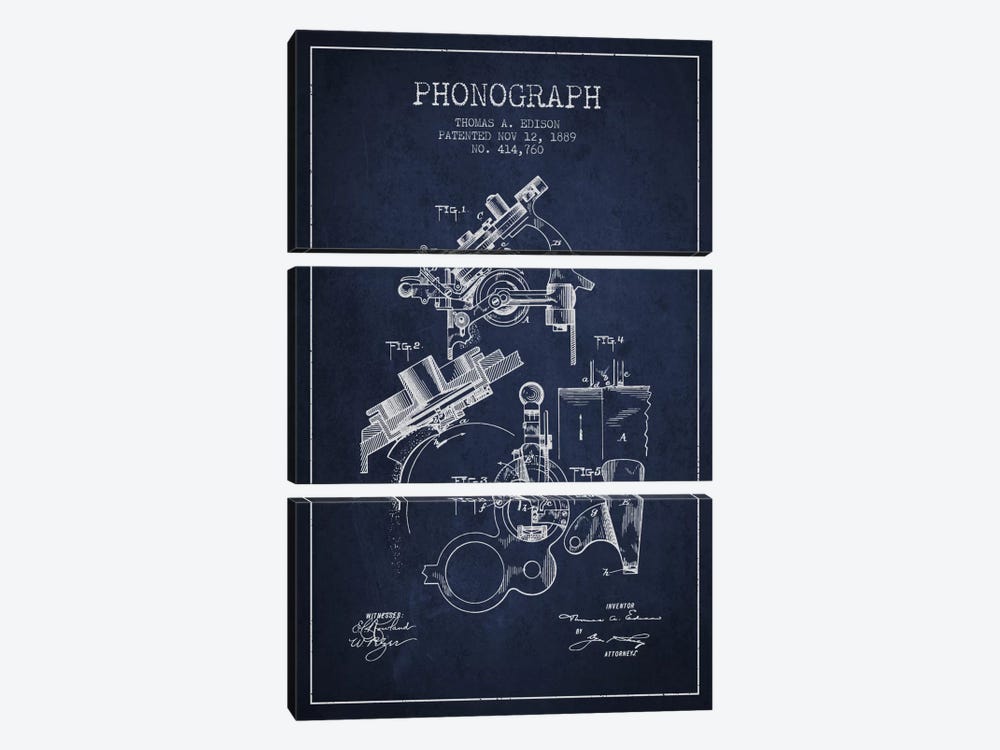 Phonograph Navy Blue Patent Blueprint by Aged Pixel 3-piece Canvas Wall Art