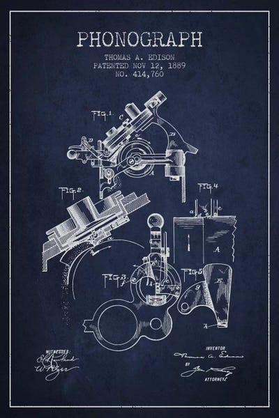Aged Pixel: Phonograph Navy Blue Patent Blueprint by Aged Pixel