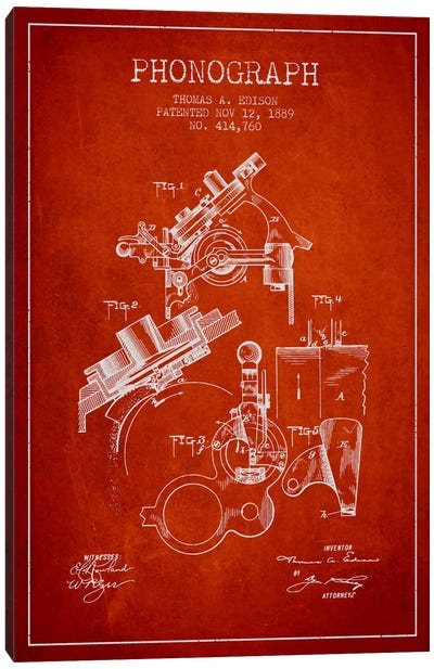 Phonograph Red Patent Blueprint Canvas Art Print - Aged Pixel: Music
