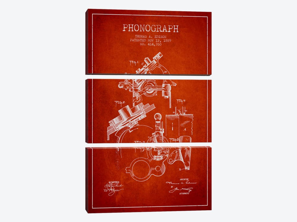 Phonograph Red Patent Blueprint by Aged Pixel 3-piece Art Print