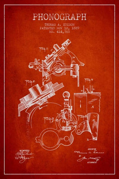 Music Blueprints: Phonograph Red Patent Blueprint by Aged Pixel