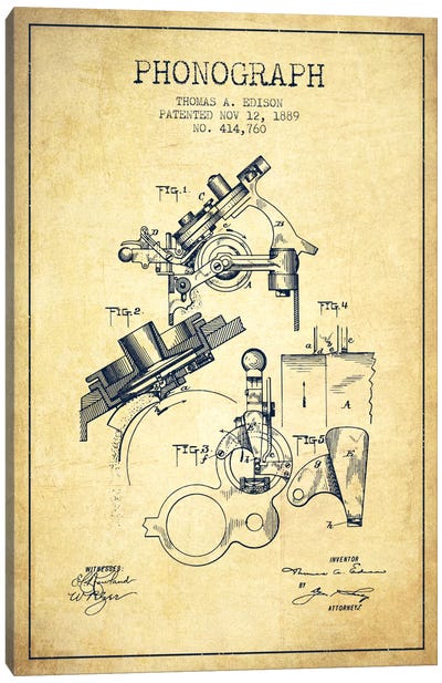 Phonograph Vintage Patent Blueprint Canvas Art Print - '70s Music