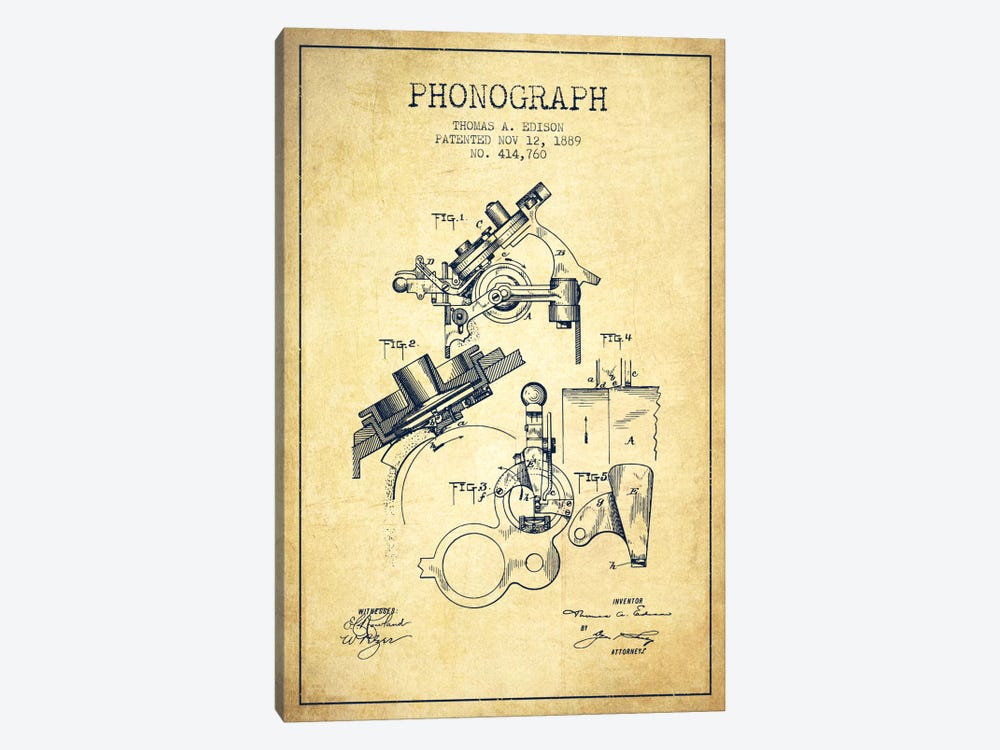 Phonograph Vintage Patent Blueprint by Aged Pixel 1-piece Canvas Art