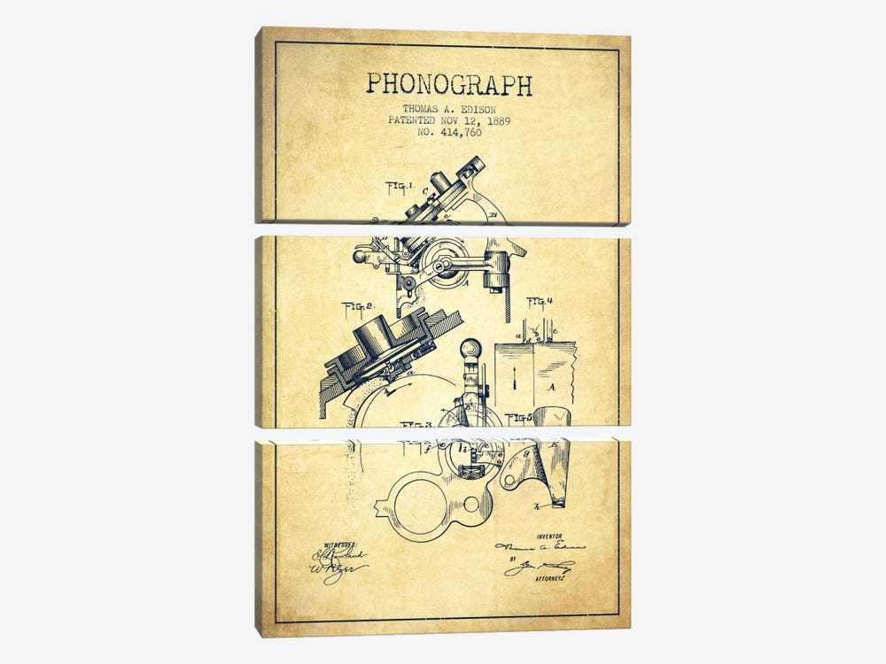 Phonograph Vintage Patent Blueprint by Aged Pixel 3-piece Canvas Art